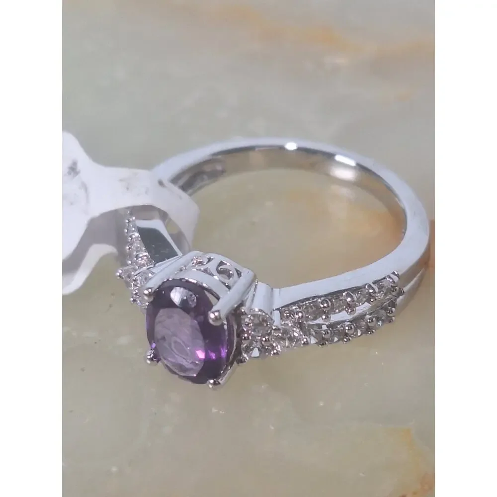 925 Sterling Silver Amethyst Ring Oval Purple Stone CZ Accents Sz 6.5 NIB